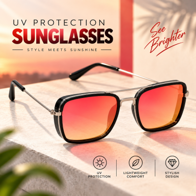 UV Protection Rectangular Sunglasses for Men & Women – Free Size Bold Red Frame Sun Glasses with Full Sun Protection & Stylish Casual Eyewear Design